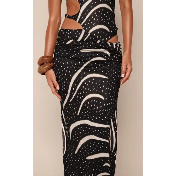 Noir Jupe Longue Asymétrique À Imprimé Abstrait Toucher Doux Ensemble Coordonné