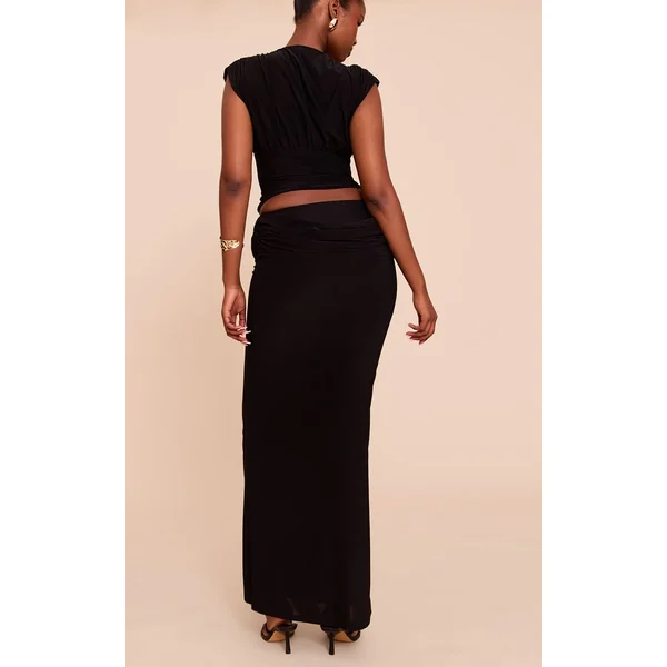 Noir Jupe Longue Drapée À La Taille En Tissu Slinky Double Épaisseur
