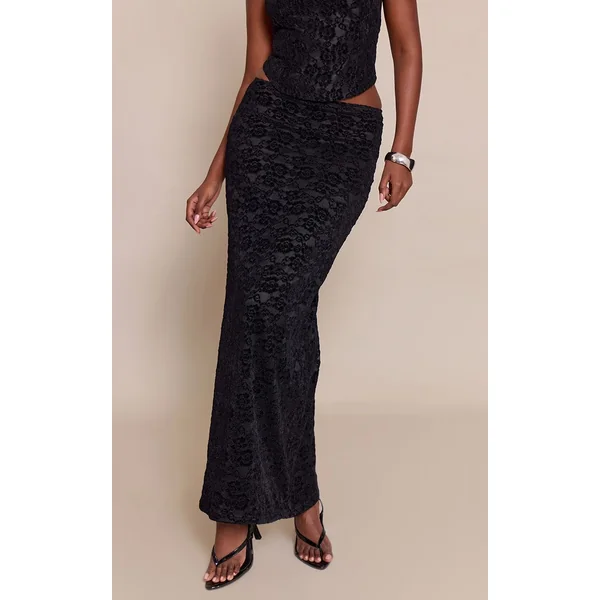 Noir Jupe Longue En Velours Dentelle Taille Mi-haute Ensemble Coordonné