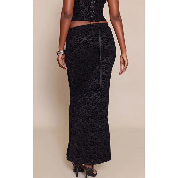 Noir Jupe Longue En Velours Dentelle Taille Mi-haute Ensemble Coordonné