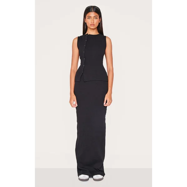 Noir Jupe Maxi Côtelée Taille Mi-haute Coordonnée