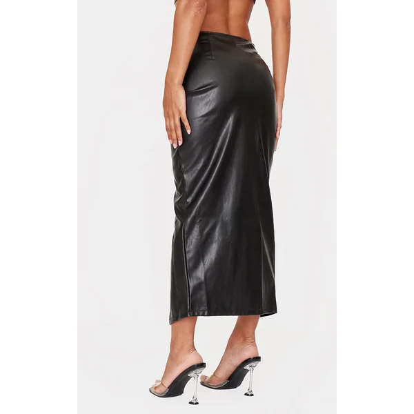 Noir Jupe Midi En Synthétiquecuir Avec Détail Torsadé Devant
