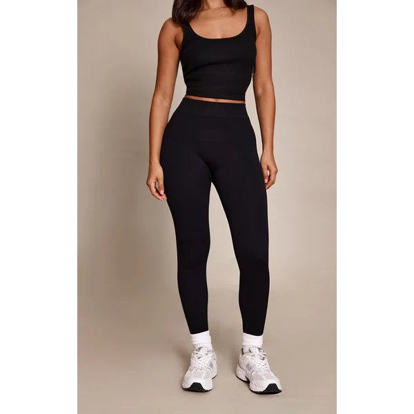 Noir Legging Sans Couture Côtelé Ajusté Petite