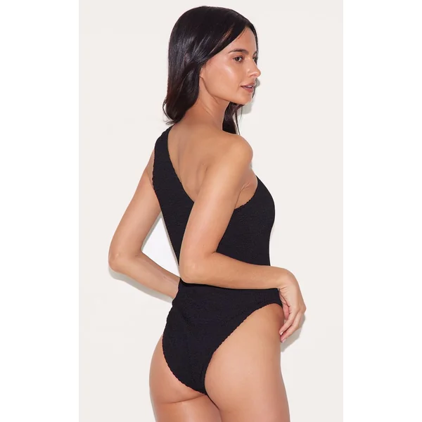 Noir Maillot De Bain Une Épaule À Découpe Marron Chocolat Froissé