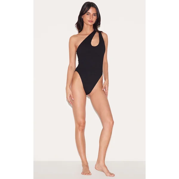 Noir Maillot De Bain Une Épaule À Découpe Marron Chocolat Froissé