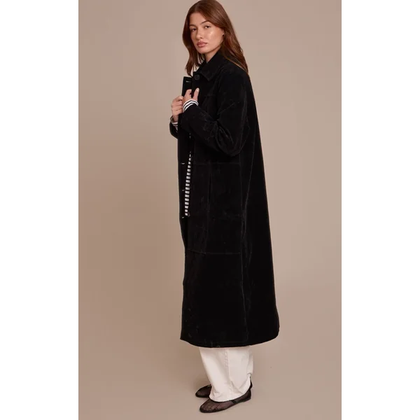 Noir Manteau Long En Synthétique À Boutons