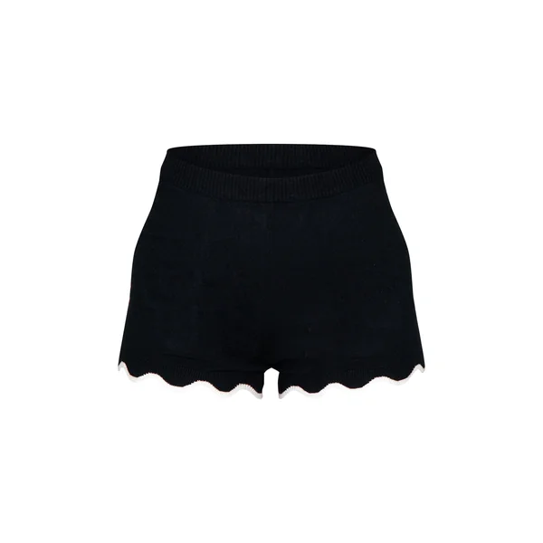 Noir Mini Short En Maille Douce À Ourlet Festonné Contrasté