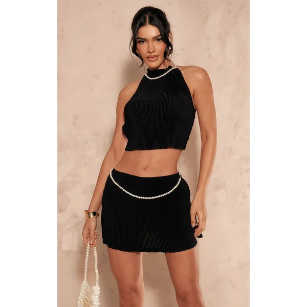 Noir Mini-jupe Plissée Taille Basse Avec Détails De Perles Coordonnée