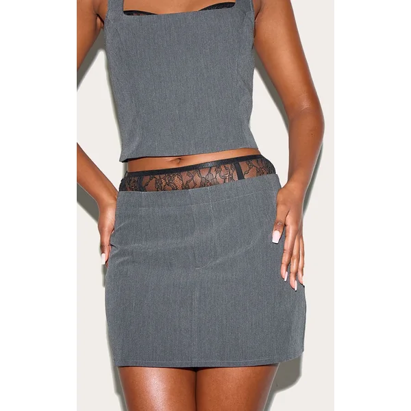 Noir Mini-jupe Tissée Ceinturée Avec Détail Dentelle À La Taille