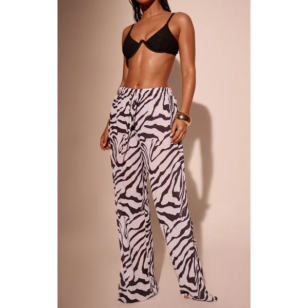 Noir Pantalon De Plage Droit À Imprimé Zèbre