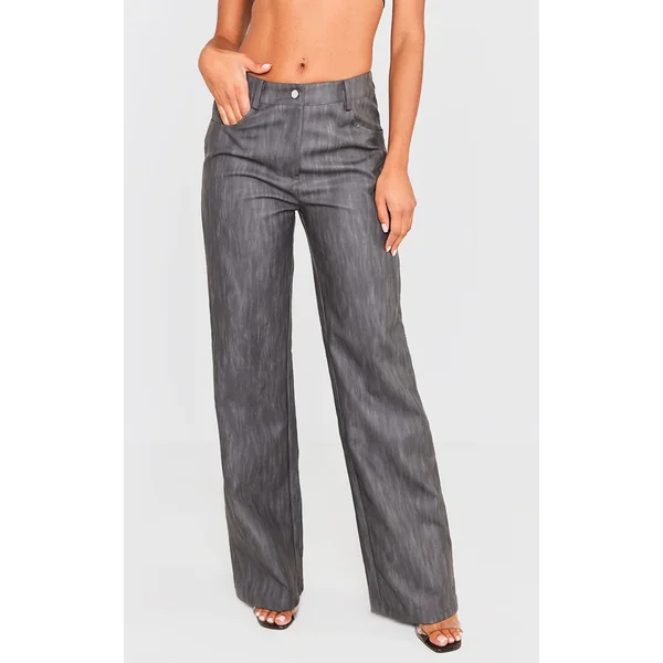 Noir Pantalon Droit En Synthétiquecuir Délavé Avec Ceinture