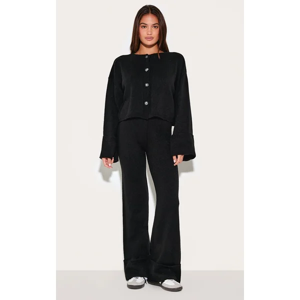Noir Pantalon En Maille À Ourlet Retroussé
