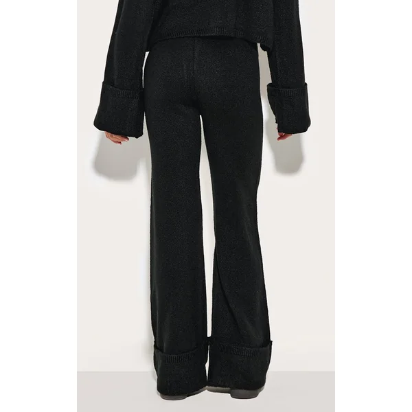 Noir Pantalon En Maille À Ourlet Retroussé