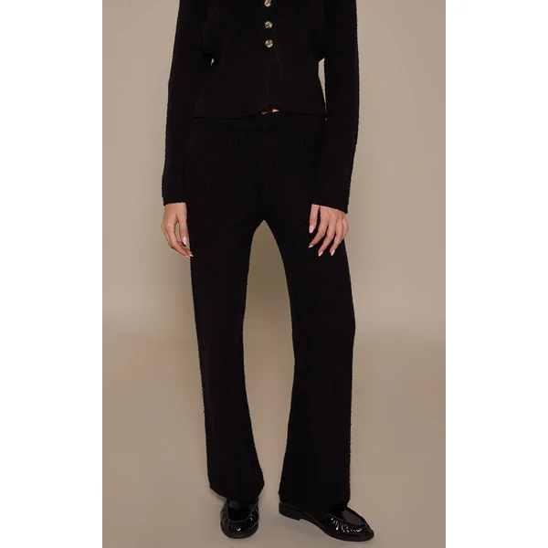 Noir Pantalon Large En Maille Brossée