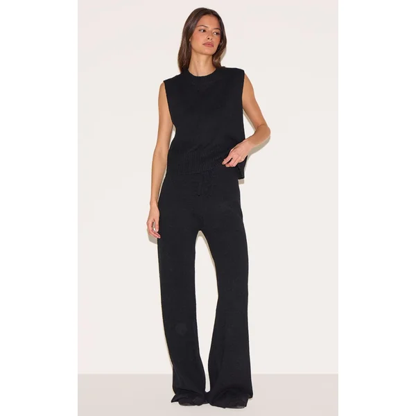 Noir Pantalon Large En Maille Douce Chiné