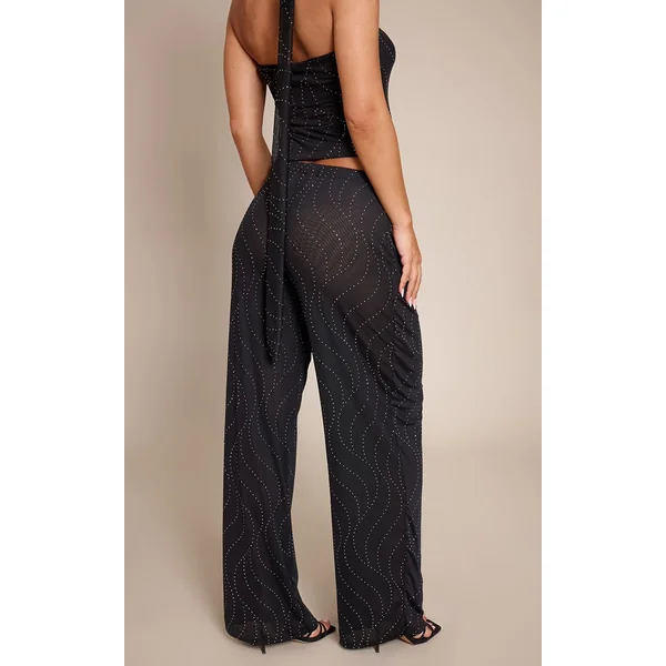 Noir Pantalon Large En Mesh Orné De Strass Thermocollants