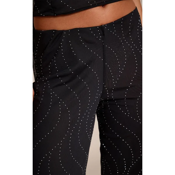 Noir Pantalon Large En Mesh Orné De Strass Thermocollants