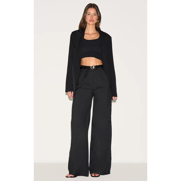 Noir Pantalon Large Taille Haute Tissé Et Structuré