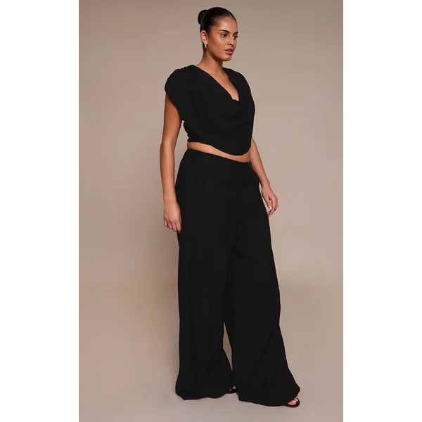 Noir Pantalon Large Taille Haute Tissé Grande Taille Ensemble Coordonné