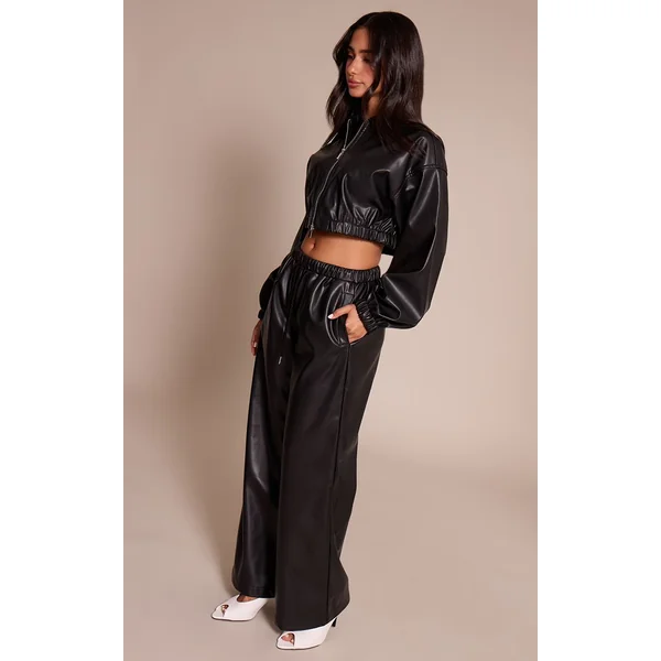 Noir Pantalon Large Taille Élastiquée En Synthétiquecuir Petite Taille Ensemble Coordonné