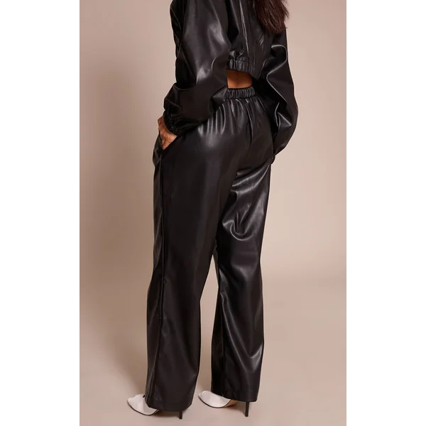 Noir Pantalon Large Taille Élastiquée En Synthétiquecuir Petite Taille Ensemble Coordonné