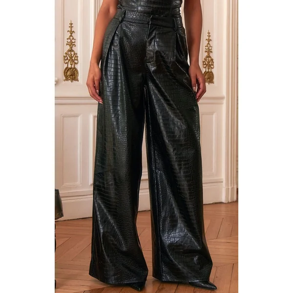 Noir Pantalon Large Tailleur En Synthétiquecuir Effet Croco Plt Label