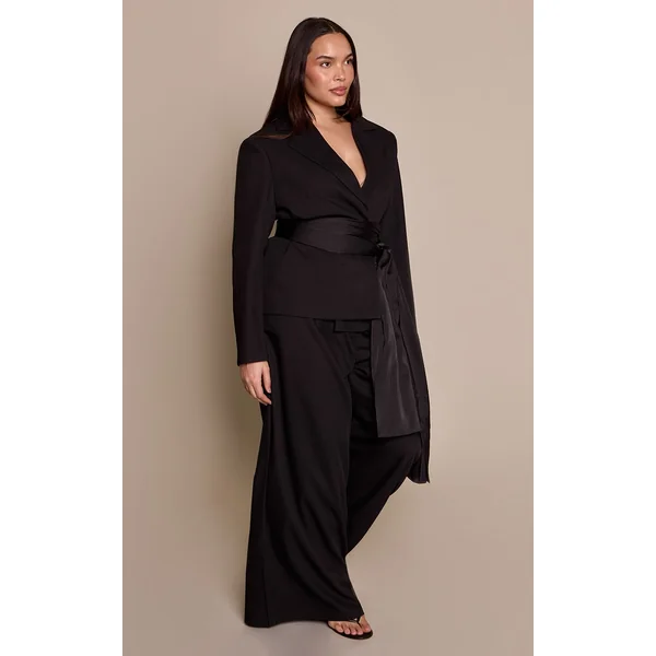 Noir Pantalon Large Tissé Grande Taille Ensemble Coordonné