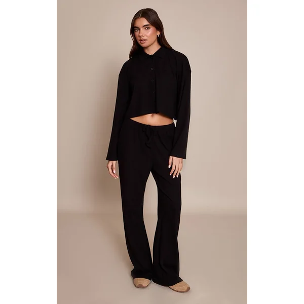 Noir Pantalon Large À Cordon En Maille Côtelée Brossée Ensemble Coordonné