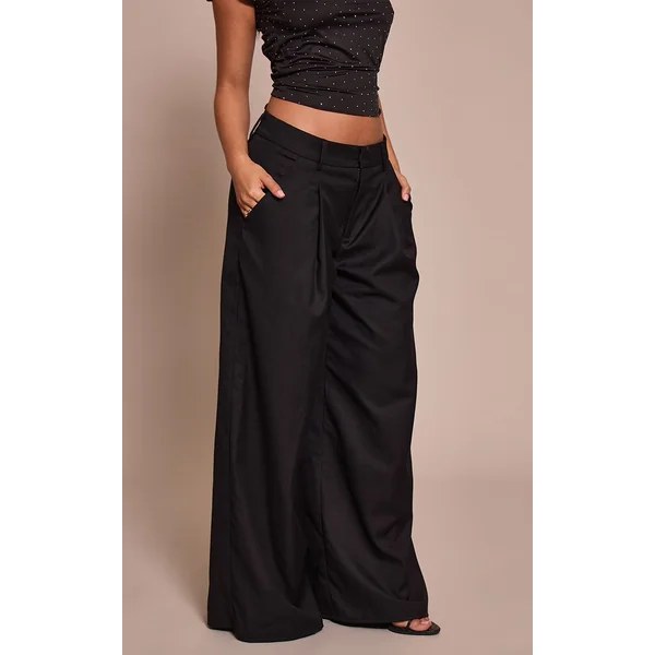 Noir Pantalon Large À Double Pli En Tissu Fluide Petite
