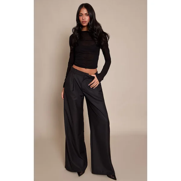 Noir Pantalon Large À Double Pli Tissé Pour Grande Taille