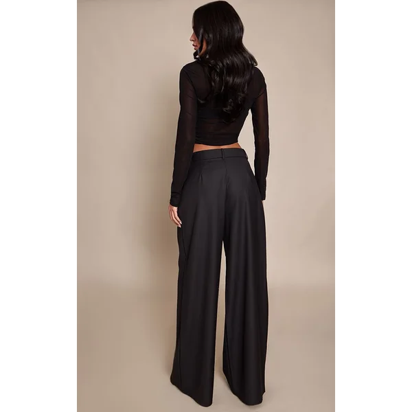 Noir Pantalon Large À Double Pli Tissé Pour Grande Taille