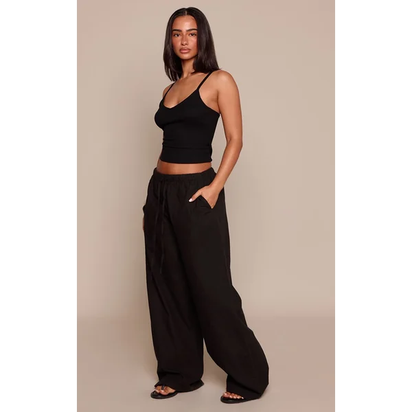 Noir Pantalon Petite En Lin Avec Taille À Cordon Coulissant