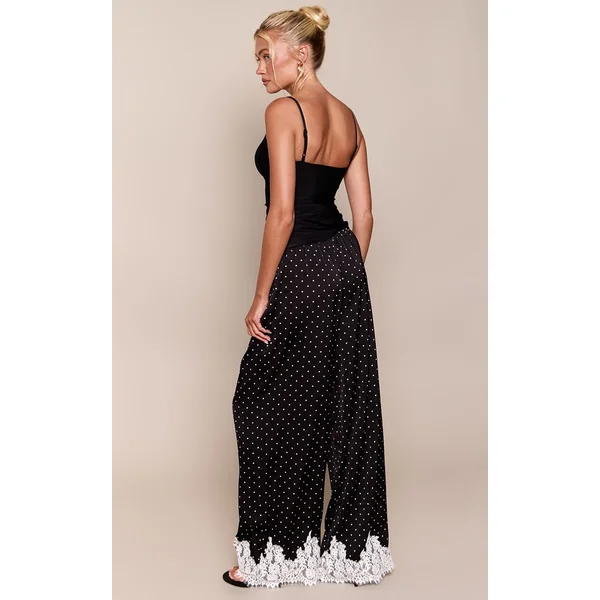 Noir Pantalon À Pois En Satin Avec Ourlet En Dentelle