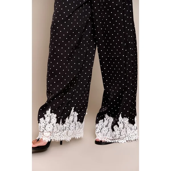 Noir Pantalon À Pois En Satin Avec Ourlet En Dentelle