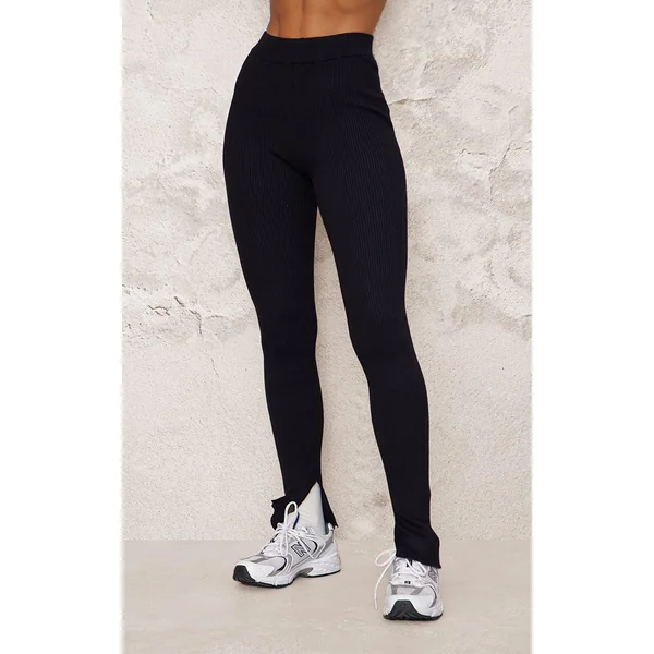 Noir Pantalon Évasé En Maille À Ourlet Fendu