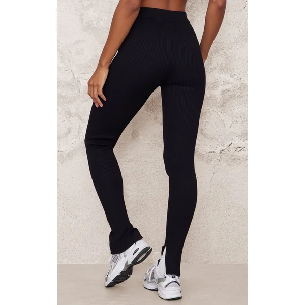Noir Pantalon Évasé En Maille À Ourlet Fendu