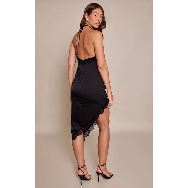 Noir Robe Asymétrique À Col Licou Avec Détails Contrastés En Satin Et Dentelle