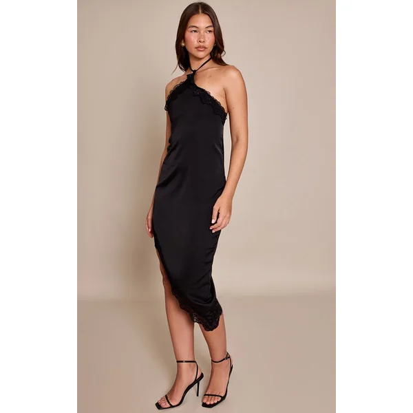 Noir Robe Asymétrique À Col Licou Avec Détails Contrastés En Satin Et Dentelle