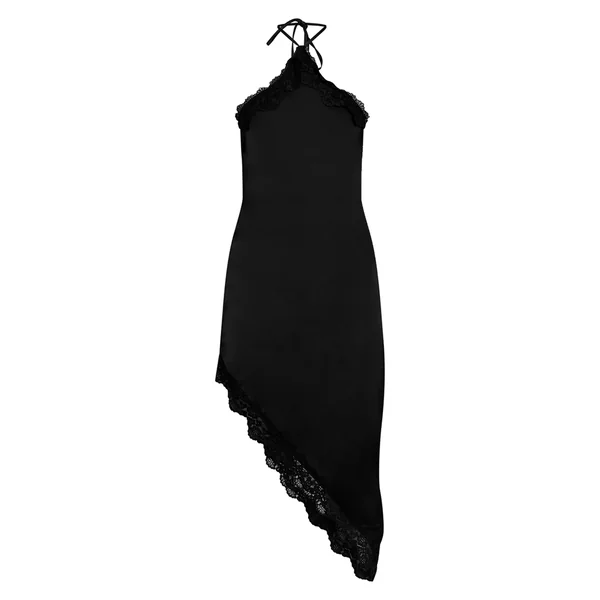 Noir Robe Asymétrique À Col Licou Avec Détails Contrastés En Satin Et Dentelle