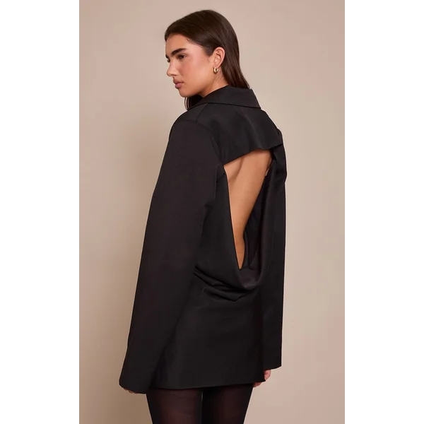 Noir Robe Blazer Dos Nu À Col Drapé En Tissu Tissé