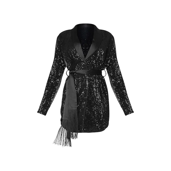 Noir Robe Blazer À Paillettes Avec Détail De Glands Et Lien