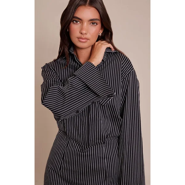 Noir Robe Chemise Cintrée À Fines Rayures Boutonnée
