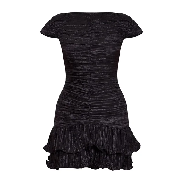 Noir Robe Courte Texturée À Col Bateau Et Ourlet À Volants