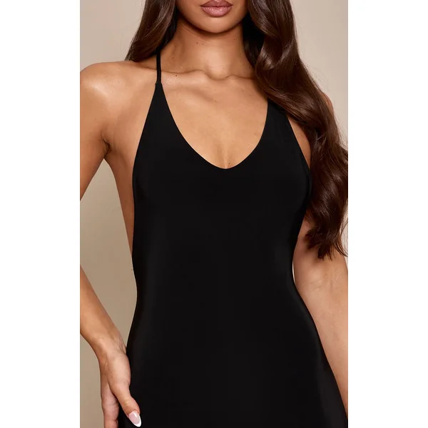 Noir Robe Dos Ouvert Encolure Ronde Double Couche En Tissu Slinky