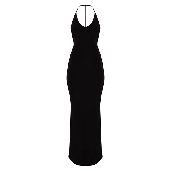 Noir Robe Dos Ouvert Encolure Ronde Double Couche En Tissu Slinky