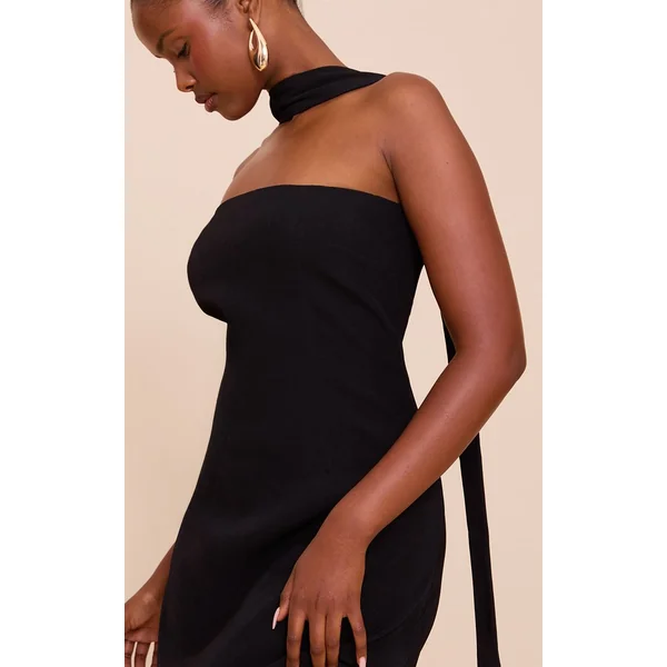 Noir Robe Droite Bandeau À Détail Foulard Tissé