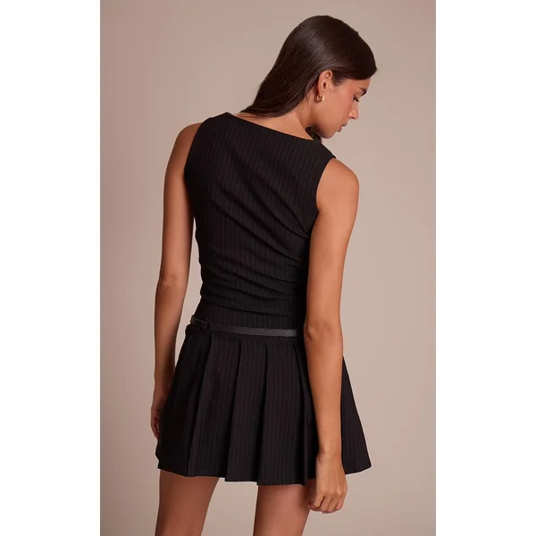 Noir Robe Droite Ceinturée À Rayures Tennis En Tissu Stretch Et Col Bateau