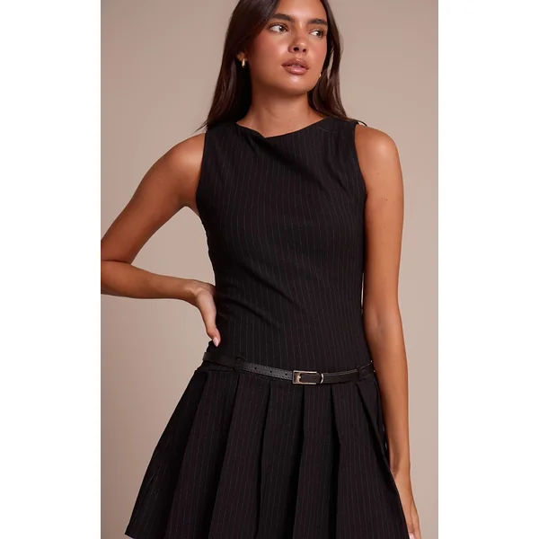 Noir Robe Droite Ceinturée À Rayures Tennis En Tissu Stretch Et Col Bateau