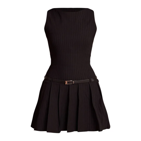 Noir Robe Droite Ceinturée À Rayures Tennis En Tissu Stretch Et Col Bateau