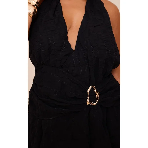 Noir Robe Droite Grande Taille Texturée Col V Avec Ceinture